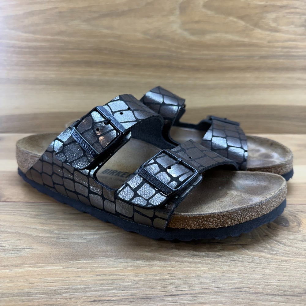Birkenstock Arizona Gator Gleam Sandals Womens 8 N EU 39 Pewter Black Travel